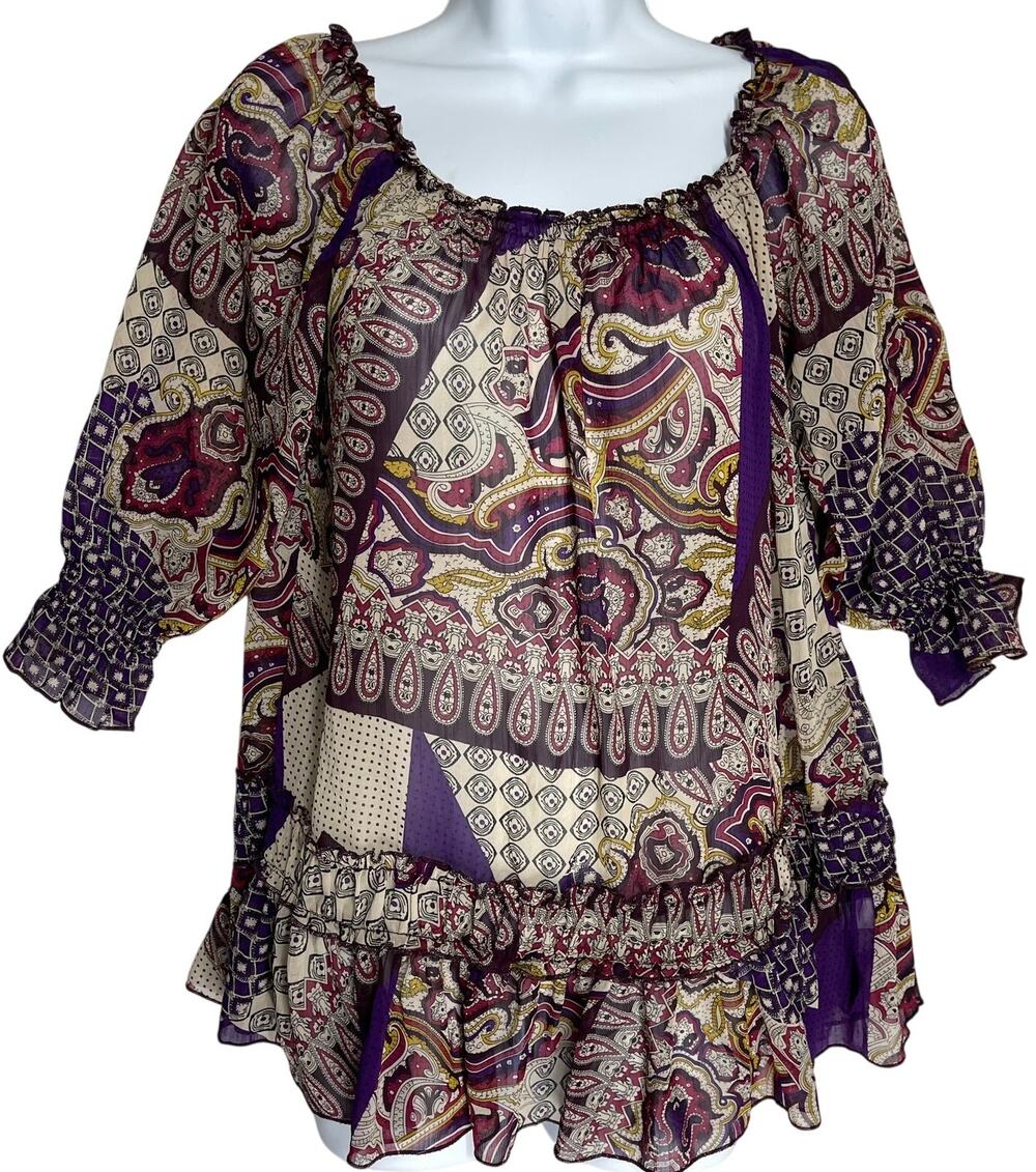 Xhilaration Top M Purple Sheer Ruffle Scoop Neck Boho Festival Patchwork Style